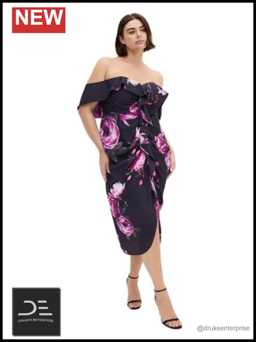Plus Size Midi Cocktail Dress Ruffle Sweetheart Neck Floral Print